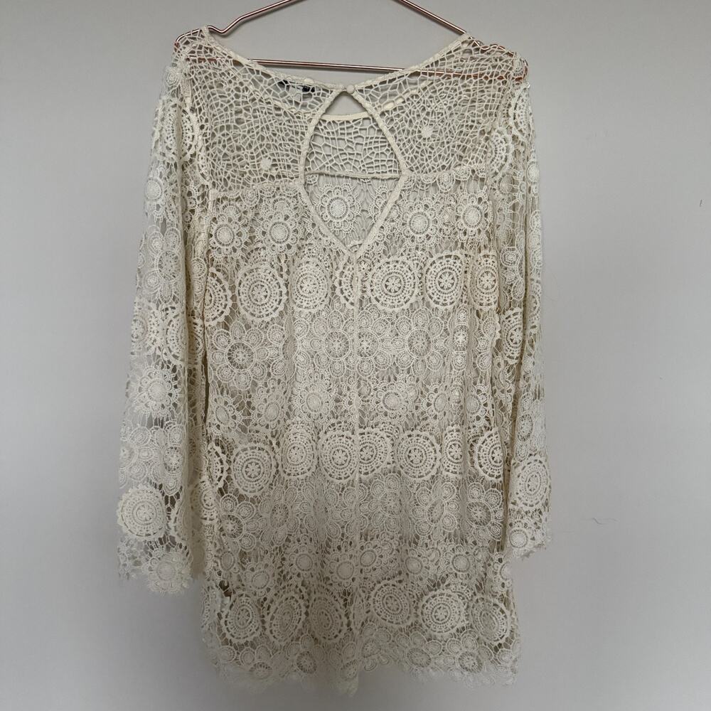 American Eagle Women Dress Large Ivory Bell Sleeve Boho Festival Crochet Cowgirl - Picture 8 of 8